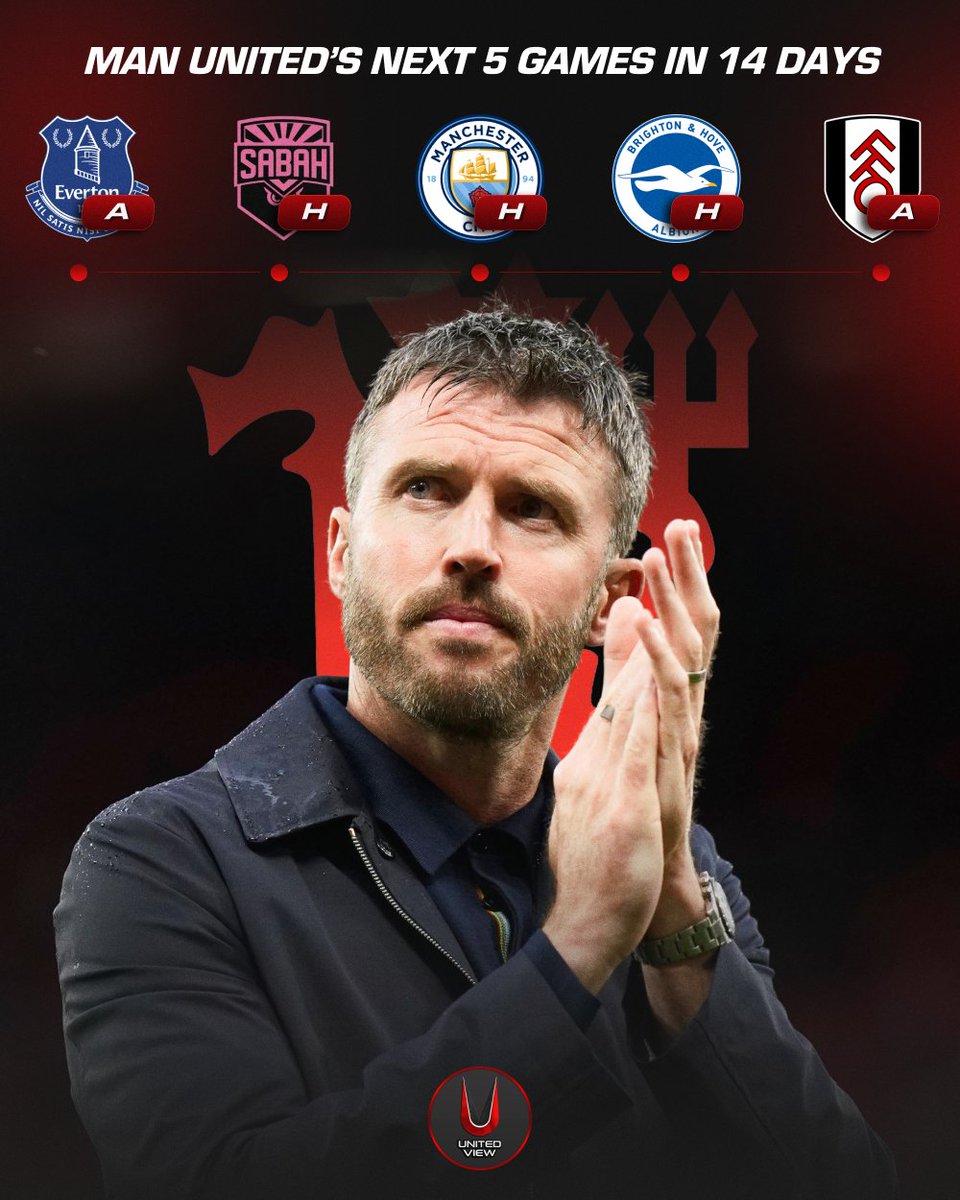 unitedviewtv's tweet photo. Five games. Three competitions. Just 14 days. 😮‍💨

A HUGE test awaits Michael Carrick and his Man United squad, starting today against Everton! 🫵

𝐂𝐚𝐧 𝐰𝐞 𝐰𝐢𝐧 𝐚𝐥𝐥 𝐟𝐢𝐯𝐞 𝐠𝐚𝐦𝐞𝐬? 👀🔴 https://t.co/VH5nIUgNnj