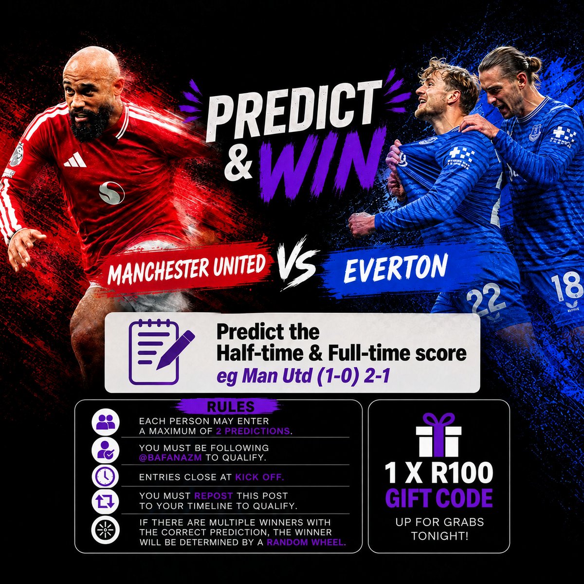 BafanazM's tweet photo. Premier League Competition 🏆  

Manchester United vs Everton starting at 15:00  

Predict the half-time & full-time score and you could win a R100/5K NGN gift code from @SportyBet

✅ RT this post and follow all the rules to qualify.  
✅ Only comments on this post will be accepted.  

Get those predictions in below 👇🏾