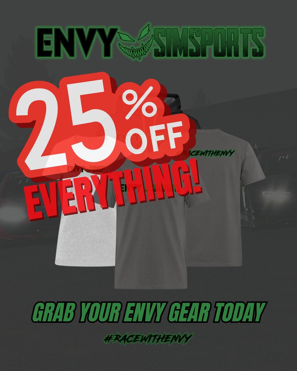 envysimsports's tweet photo. You can take 25% off everything in the shop until 9/7/26! Head over and grab a new shirt, mug, or hoodie... since it's starting to get cold outside.

https://t.co/wesKm0nrOf 

#RaceWithEnvy https://t.co/cMY4r6SYIU