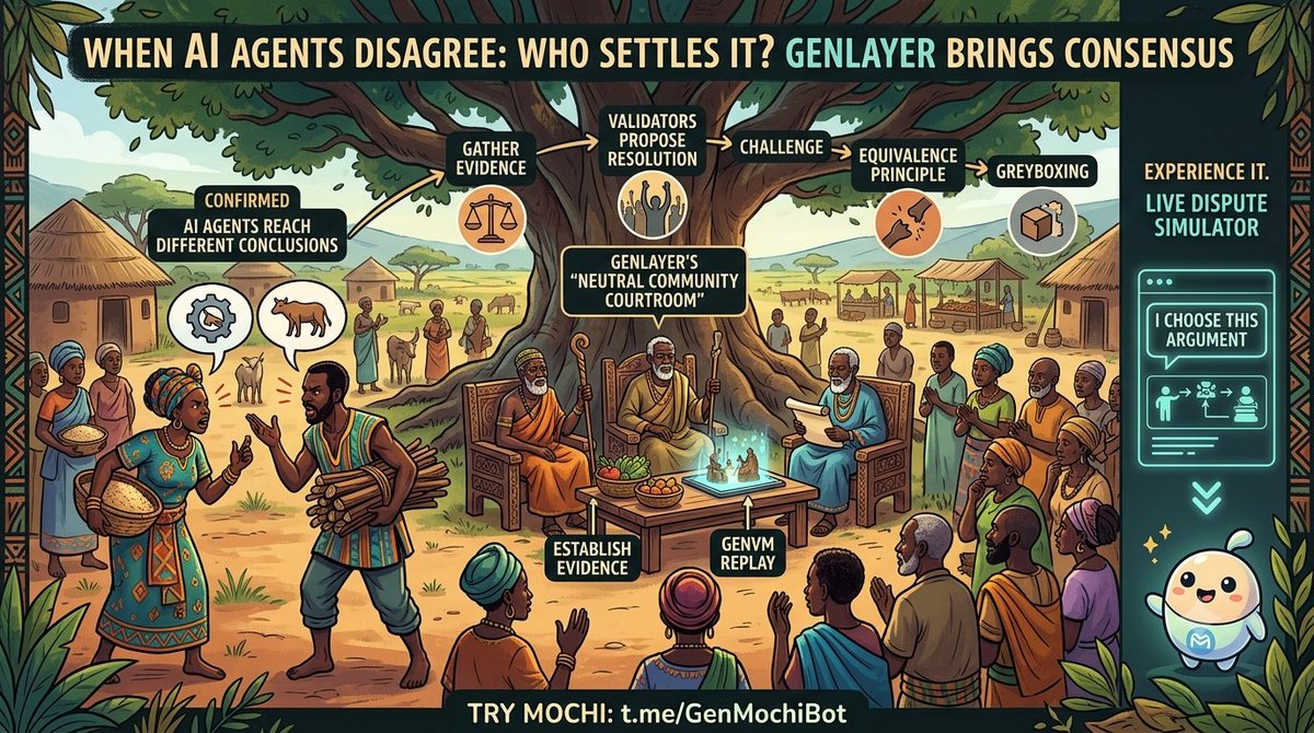 tm_dynamics's tweet photo. What happens when two AI agents look at the same transaction and confidently reach different conclusions?

I asked Mochi this, and its answer changed how I see @GenLayer.

It explained GenLayer as a neutral courtroom for AI agents. First, validators gather evidence and replay the exact steps in GenVM, establishing what actually happened. Then validators propose a resolution through Optimistic Democracy. If challenged, the Equivalence Principle checks the disputed outcome, while Greyboxing can isolate and re-evaluate the contested part.

Five things clicked for me:

AI disagreement can trigger adjudication, not simply signal failure.

Evidence comes before judgment.

GenVM separates what happened from what should happen.

Consensus becomes powerful when decisions require judgment, not just code.

Greyboxing can isolate one disputed component instead of treating the entire result as broken.

But after using Mochi, I want one feature: a live dispute simulator where two AI agents reach different conclusions, I choose which argument I trust, then Mochi walks me through the evidence, validator proposals, challenge, Equivalence Principle and Greyboxing.

That would make GenLayer something I can experience, not just understand.

I asked how @GenLayer resolves AI disagreement. Now I wonder: when disagreement becomes normal in the agentic economy, who should settle it?

Try Mochi: https://t.co/y9xCu699cv