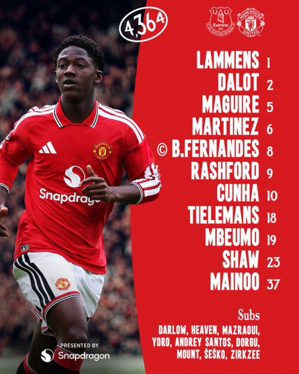 UtdXclusive's tweet photo. 🚨 OFFICIAL:

XI vs Everton :

Lammens
Dalot, Maguire, Martinez, Shaw
Tielemans, Mainoo
Mbeumo, Fernandes (c), Rashford
Cunha https://t.co/Pl09s5Mzaf