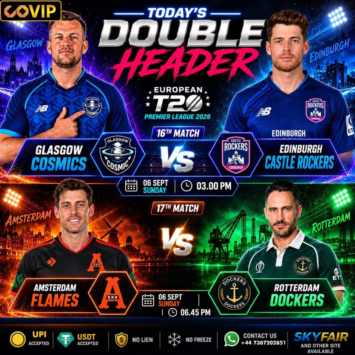 CoVipBook's tweet photo. Play European T20 Premier League match odds and fancies on our sites

 Min Deposit 1000 

🌟 *Our Site features* :

🎯 Unmatched bets
📊 Unlimited exchange odds limit (Betfair odds) 
🌐 Premium Sites like Skyfair available
📉 Dedicated line market website for sessions
💥 All non-live match odds unlimited market available 

🔥 No lien/freeze
✅ Bank deposits
💰 Cash lenden
💲 USDT Accepted

📲 WhatsApp us to get new ID: https://t.co/OD9957sDGk 

🔗 Our Sites:
https://t.co/4glaHy4t6c
https://t.co/q2ChMOqEAh
https://t.co/79peVMR9GQ

And more..