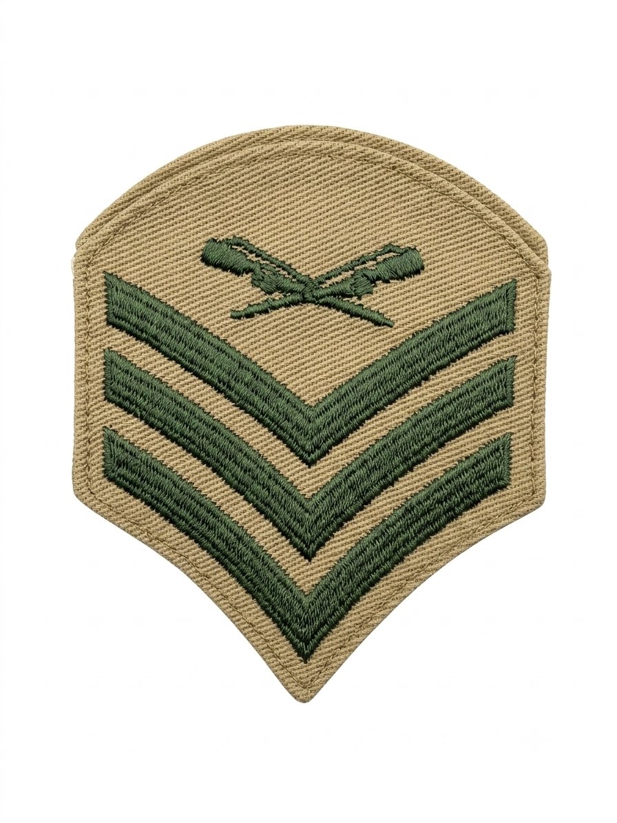 toomuchtokyo's tweet photo. アメリカ海兵隊（USMC）の制服などに使用される階級章（シェブロン）の刺繍パッチが３５枚目。シェブロン3本線の上に交差したライフルがあるデザインは、三等軍曹（Sergeant / E-5）などの階級章に見られる特徴です。中野にあるミライ堂で購入。
#アメリカ海兵隊 #patch #souvenir #patchofparadice https://t.co/VUlumdYZkI