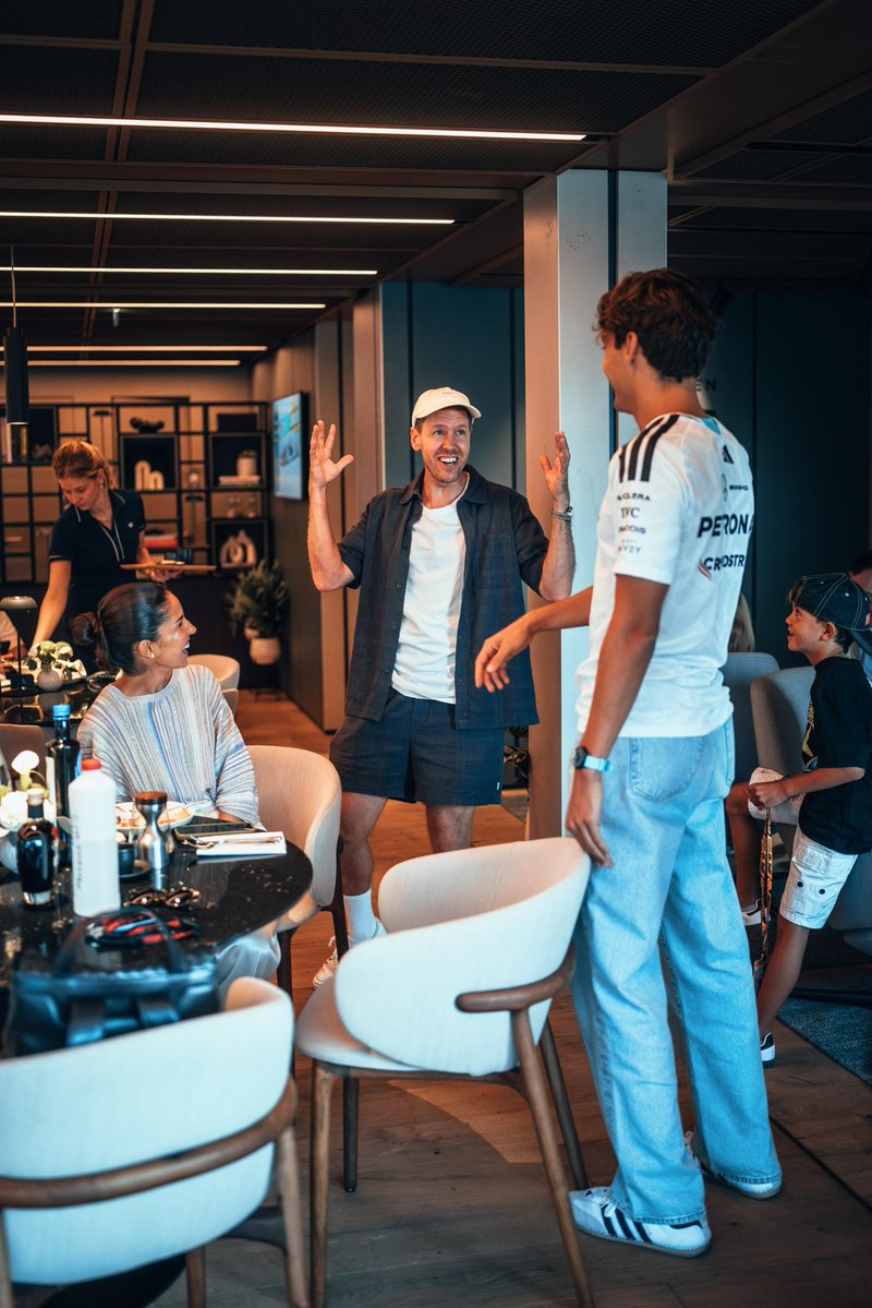 MercedesAMGF1's tweet photo. Look who we found in hospitality - it’s Seb! 🤩 https://t.co/kAsBIVeleb