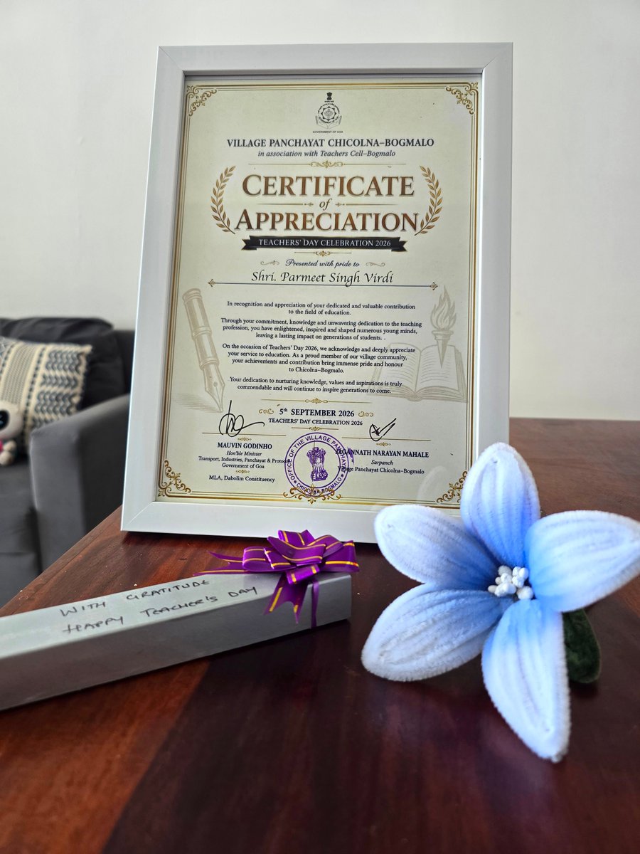 ParmeetOfficial's tweet photo. Honored to be felicitated yesterday on #TeachersDay2026 by Hon. Minister Shri Mauvin Godinho &amp; Sarpanch Shri Sankalp Mahale in Bogmalo! 💐

At @AviationPlanet, mentoring future aviators is at the heart of what we do. ✈️

#Aviation #Goa #Mentorship https://t.co/H7xIGTCdey