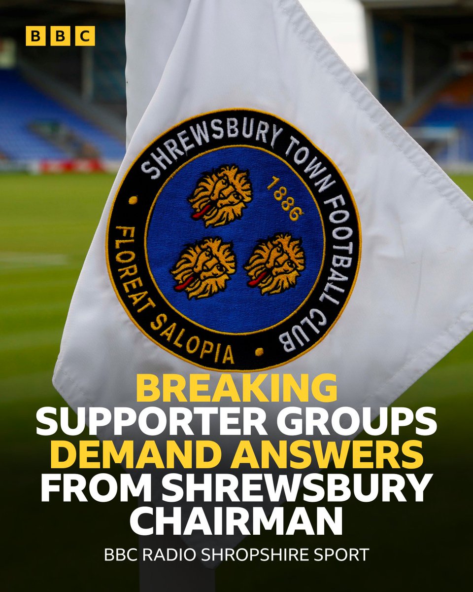 BBCShropSport's tweet photo. 🚨 BREAKING  🚨

Shrewsbury Town supporter groups have joined forces to write a public letter to Chairman Roland Wycherley expressing concerns about the 'current state' of the football club and questions over the ongoing takeover process

📻 @BBCShropSport has approached the club for comment

#BBCFootball | #Salop | @floreat_salop