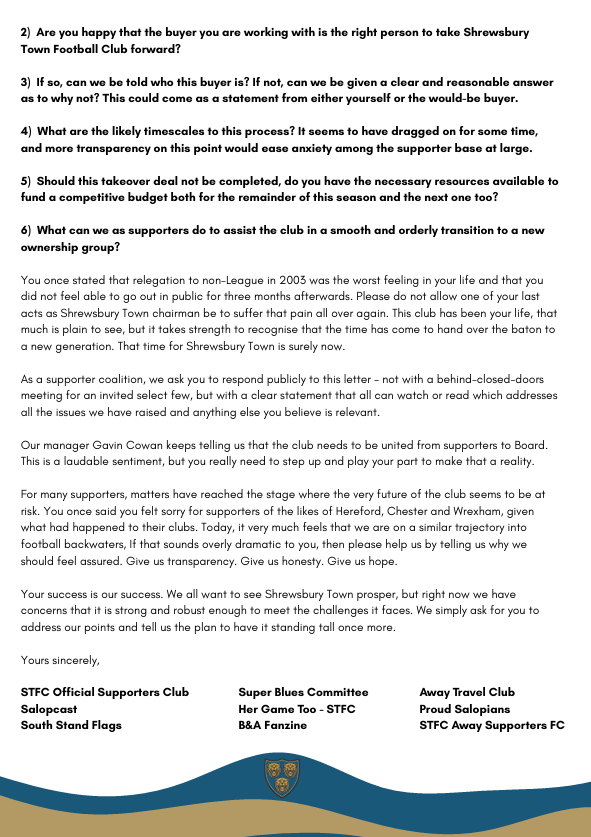 BBCShropSport's tweet photo. 🚨 BREAKING  🚨

Shrewsbury Town supporter groups have joined forces to write a public letter to Chairman Roland Wycherley expressing concerns about the 'current state' of the football club and questions over the ongoing takeover process

📻 @BBCShropSport has approached the club for comment

#BBCFootball | #Salop | @floreat_salop