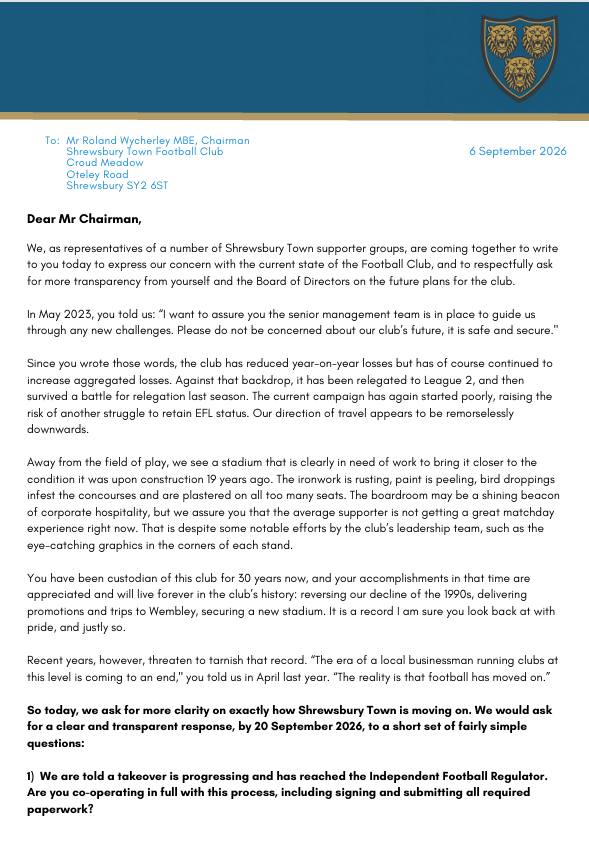 BBCShropSport's tweet photo. 🚨 BREAKING  🚨

Shrewsbury Town supporter groups have joined forces to write a public letter to Chairman Roland Wycherley expressing concerns about the 'current state' of the football club and questions over the ongoing takeover process

📻 @BBCShropSport has approached the club for comment

#BBCFootball | #Salop | @floreat_salop