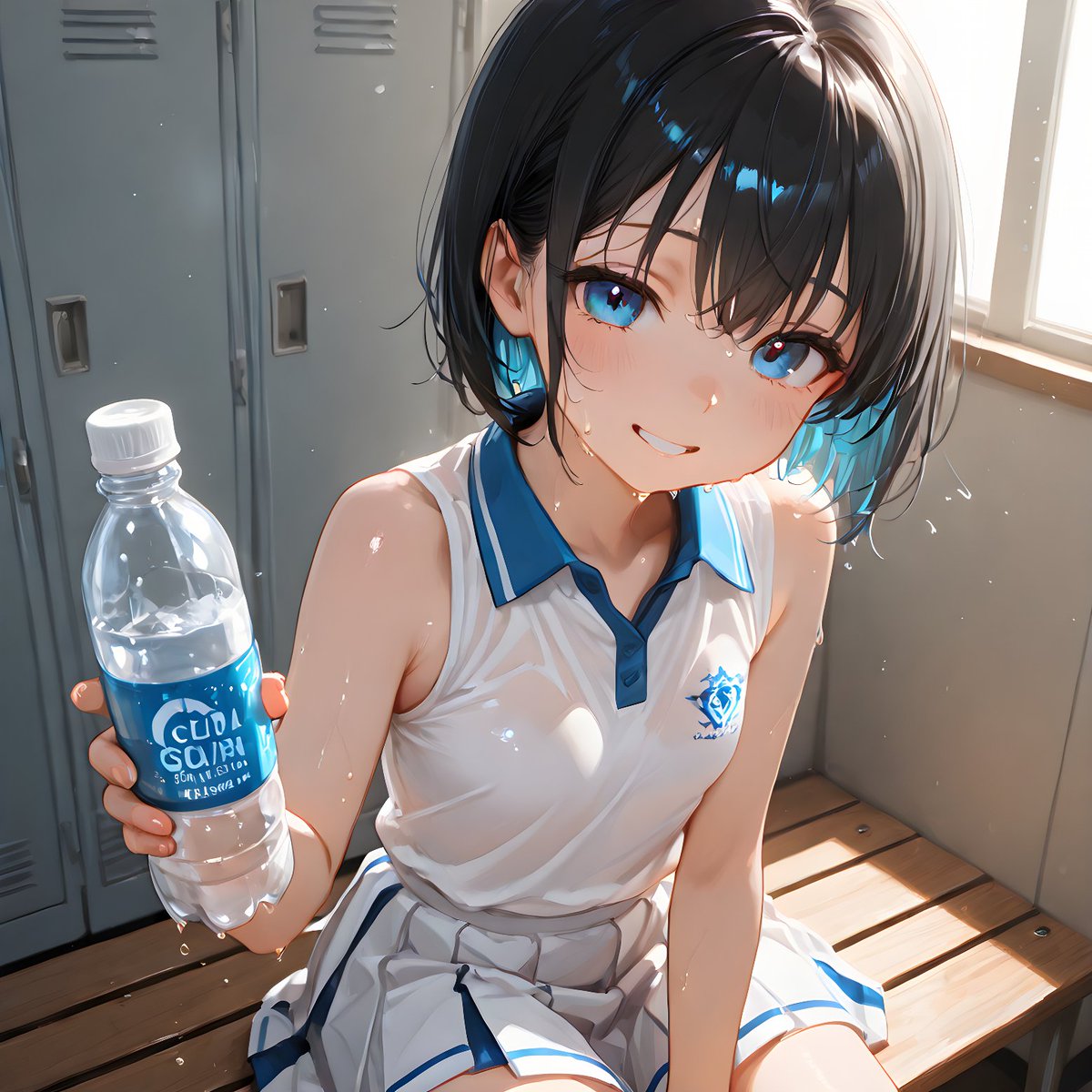 ruma_illust's tweet photo. (1/2) 
「後輩くん、一口飲む？」 部活終わりのベンチ。
汗を拭いながら、紬葉先輩が当たり���みたいに飲みかけのペットボトルを差し出してきた。 
「え、間接キス……？」
「ん？ なに意識してんの〜？(笑)」 
からかうように笑う先輩を見て、僕は意地になってそのまま口をつけた。
#AIart https://t.co/leHkR5IAKX