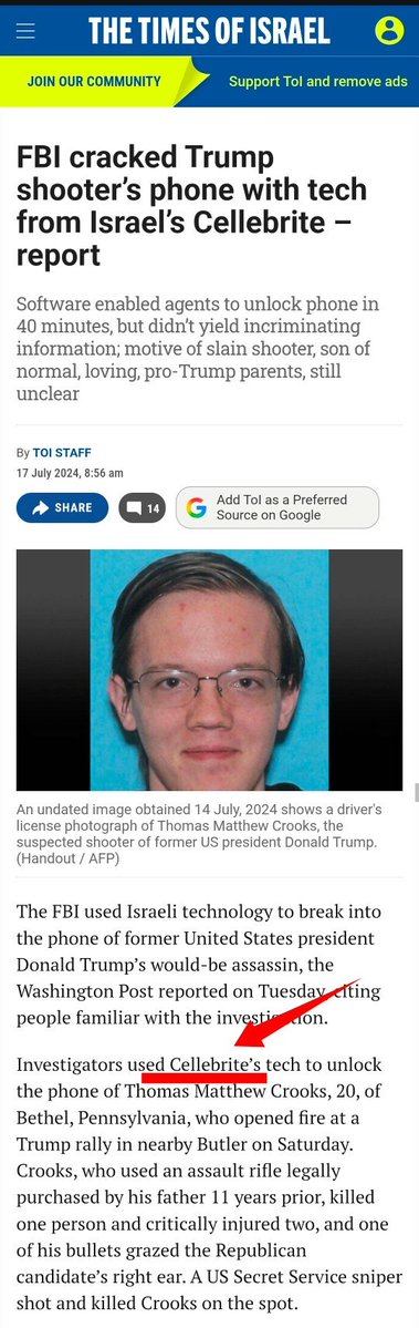 JohPersso's tweet photo. Donald Trump gets shot in his ear in a murder attempt. 

Thomas Crooks's phone was hacked by an Israeli intelligence company called Cellebrite.

Charlie Kirk got assassinated.

Lance Twiggs's phone was hacked by an Israeli intelligence company called Cellebrite.

Any questions?👇 https://t.co/YgKFGbmbBd