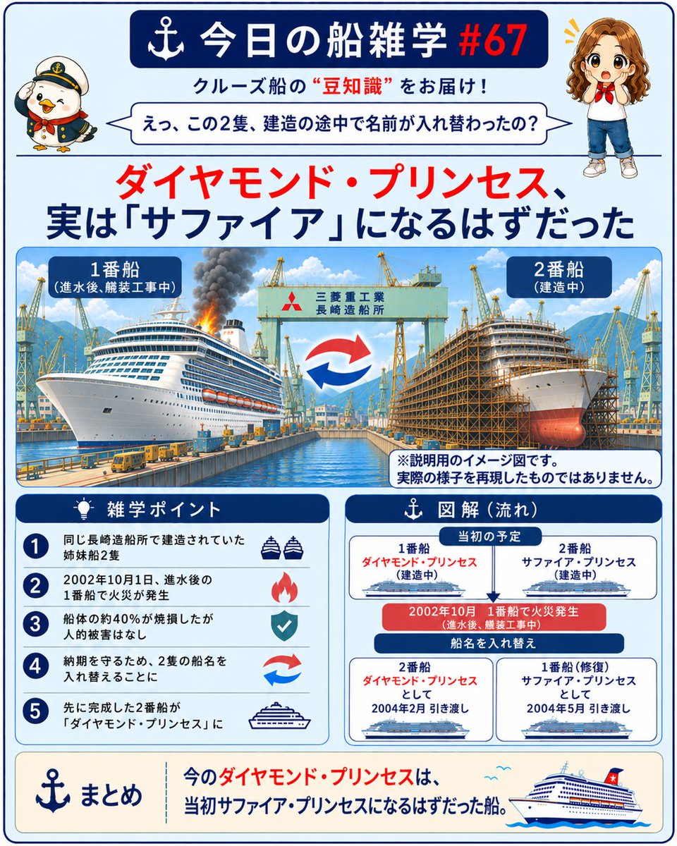 cruisenews_jp's tweet photo. ⚓【今日の船雑学 #67】

三菱重工業長崎造船所で建造されていた姉妹船のうち、先に完成する予定だった1番船で2002年10月1日に火災が発生し、船体の約40％が焼損しました。火災は進水を終え岸壁で艤装工事中に起きたもので、人的被害やエンジンルームへの被害はなく、修復して建造を続けることになりましたが、納期を調整するため2隻の船名が入れ替えられました。先に完成した2番船が「ダイヤモンド・プリンセス」として2004年2月に、修復された1番船が「サファイア・プリンセス」として同年5月に引き渡されています。

今のダイヤモンド・プリンセス、実はサファイア・プリンセスになるはずだった船だと知っていましたか？

✨「こんな船雑学をもっと知りたい！」と思ったら、ぜひフォローをお願いします😊

#クルーズ #雑学 #ニュース