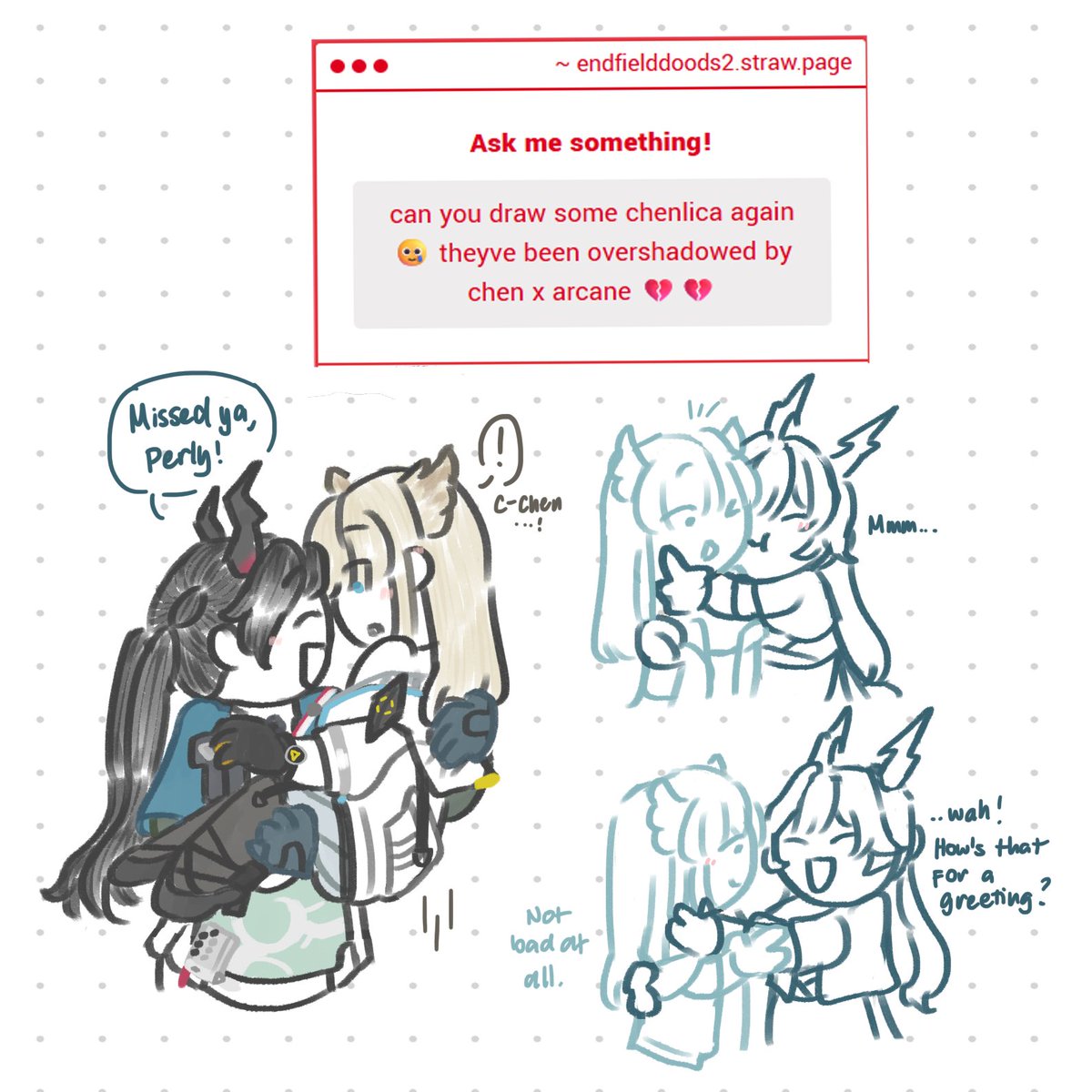 endfielddoods's tweet photo. okay for the record i do love both chenlica and chen/arcane! (ㅅ´ ˘ `) i do get the sentiment that chen/arcane is getting popular (for good reason) 
but in any case i hope this doesn't come off as pitting them against e/o 🙇‍♀️ chenlica and chen/arcane are my pooks.. https://t.co/J4Ua0lAp24