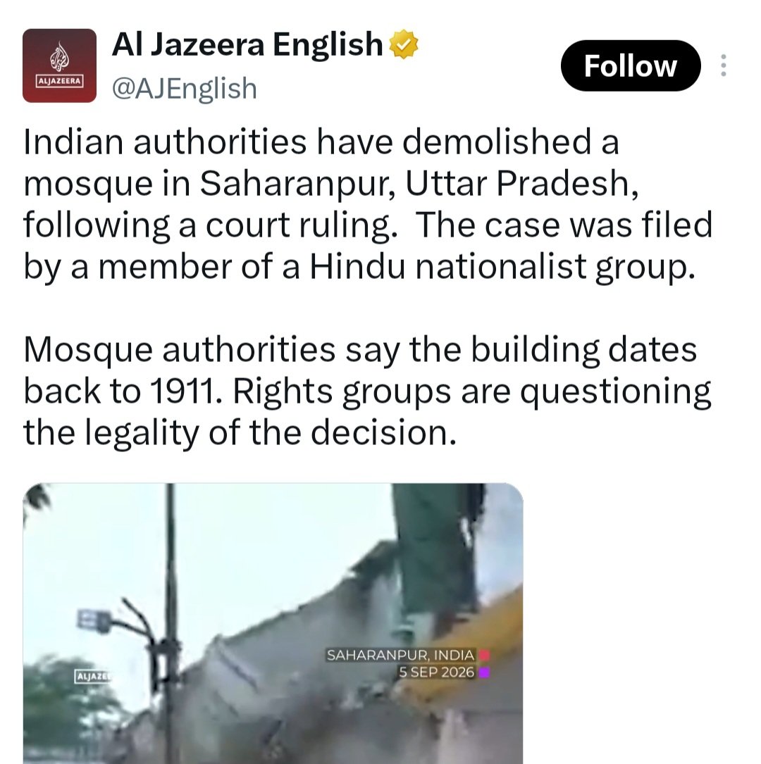 Sharmishta__19's tweet photo. Dear @HMOIndia, Fake news peddler @AJEnglish need to be banned in India for peddling selective information. 

For the benefit of the Jihadi news channel, 

The case was initiated asthe government land was illegally occupied and converted into a religious structure.

It was proven in the ​court that it stood on government land. The court issued an eviction order and imposed a fine also for unauthorized occupation.

The management appealed, but the court dismissed the appeal after 17 HEARINGS, finding that they failed to establish lawful ownership or possession.

​District authorities proceeded with the demolition of the structure early on Saturday morning.