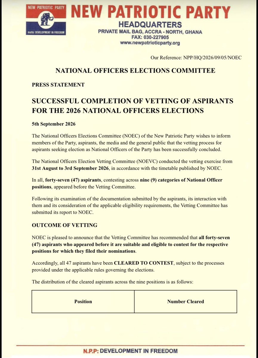 NPP_GH's tweet photo. PRESS STATEMENT 

Successful Completion of Vetting Of Aspirants For The 2026 National Officers Elections. https://t.co/9s4ELdmt5n