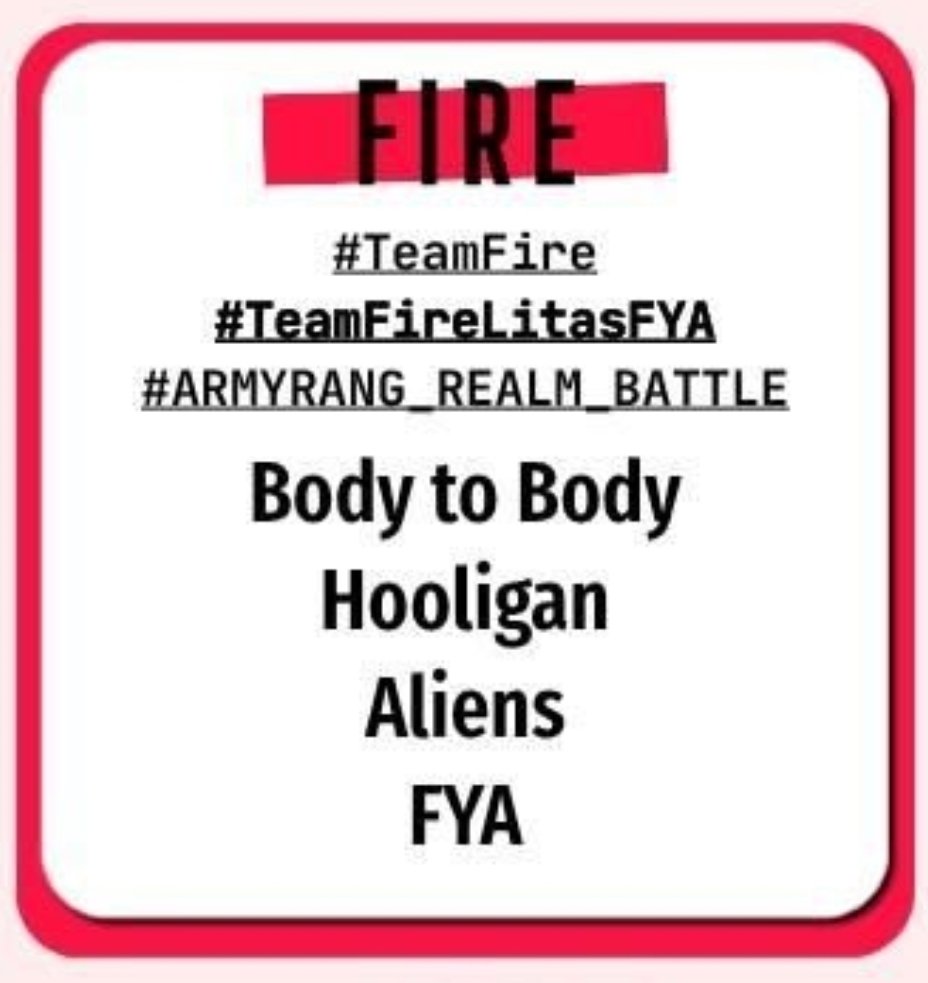 Frenchysteffy_R's tweet photo. ARMY, join the #ARMYRANG_REALM_BATTLE 🗣 !!
HOOLIGANS assemble!!🥷🔥
#TeamFire
#TeamLitasFYA 🔥 https://t.co/6xFQzrHEkS