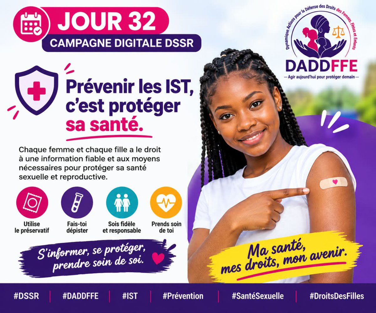 GuideonWamona's tweet photo. 📅 J32 | CAMPAGNE DSSR
🛡️ Prévenir les IST, c’est protéger sa santé.
💜 S’informer, se protéger, prendre soin de soi.
#DSSR #DADDFFE #IST #Prévention

@DADDFFEong https://t.co/ZbKnhMaNNB