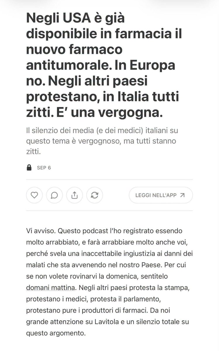 RobertoBurioni's tweet photo. APPENA USCITO SU SUBSTACK  Il nuovo farmaco antitumorale è già disponibile per i pazienti statunitensi, ma non per i pazienti europei. In altri paesi protestano, da noi tutti zitti. E' una vergogna ed è arrivato il momento di denunciare la cosa senza mezzi termini. https://t.co/Ioq3StAKJl