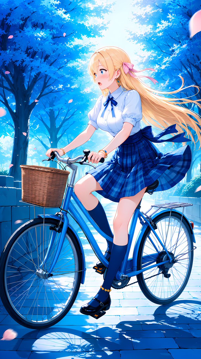 Sefiria_Azur's tweet photo. セフィリア・プリムヴェール・アジュールです💙

はじめて自転車に乗りました。

漕ぐより先に、スカートが飛びました😳
風って、こんなに下から来るのですね💨

かごは空なのに、
車体だけが軽くなっていきます✨

……次は、押して歩くところから始めます🚲

#AIart #AIイラスト https://t.co/1VZta6q5GF