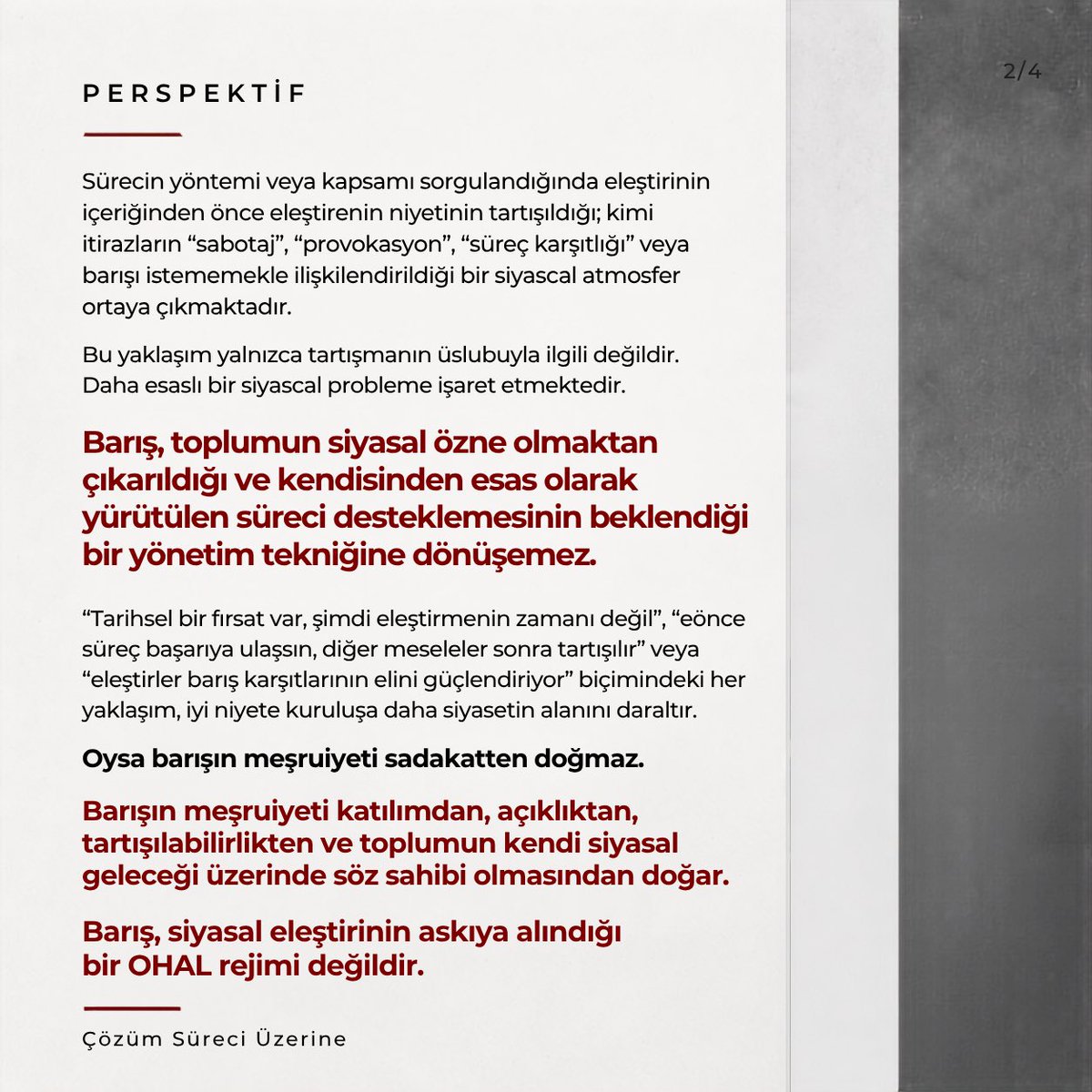 direncdergi's tweet photo. ✏️ Direnç Dergi PERSPEKTİF | Barış, eleştirinin askıya alındığı bir OHAL rejimi değildir.

Kürt sorununun gerçek çözümü, siyasal katılımı, kolektif hakları ve demokratikleşmeyi büyütmelidir.

Yazının tamamı için 🔗 

https://t.co/GCFPUdLNlj https://t.co/Mz93bJfI4i