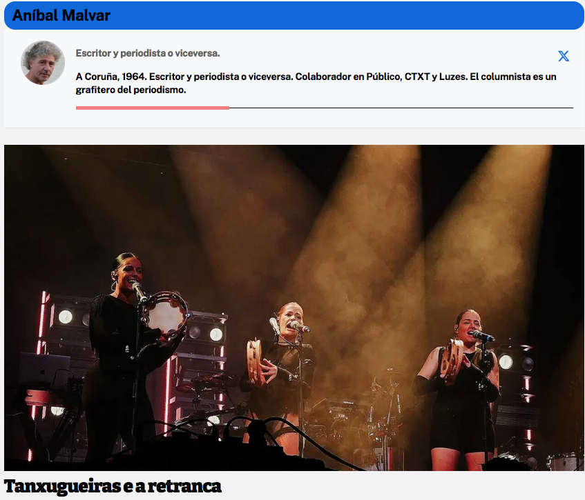 grouchomarx1890's tweet photo. Tanxugueiras e a retranca
Aníbal Malvar
@AnibalMalvar 
A través de @diario_red_ 

https://t.co/Q6QhenZf1C
Las crónicas cuentan que el concierto de Tanxugueiras, tras los incidentes y un retraso de cuarenta minutos, fue memorable https://t.co/rPUySke4ha