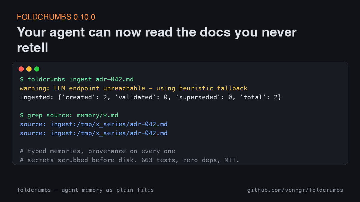 v_ingrosso's tweet photo. foldcrumbs 0.10.0: your agent can now read the docs you never retell.

ingest <file|url> → typed memories, provenance on every one, secrets scrubbed before disk. Still plain markdown. Still zero deps. 606 tests.

https://t.co/tyLPyHfbtZ

#opensource #AIagents https://t.co/tYG1BoNKNr
