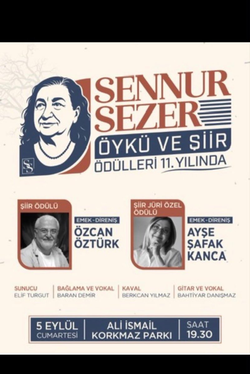 BirlesikMetal's tweet photo. 🔴Sendikamız Genel Başkanı Özkan Atar, dün Küçükçekmece’deki Ali İsmail Korkmaz Parkı’nda düzenlenen 11. Sennur Sezer Emek-Direniş Şiir ve Öykü Ödülleri törenine katıldı.

Atar konuşmasında, şair Sennur Sezer’in yaşamı ve eserleriyle işçi sınıfının mücadelesinin, emeğin ve direnişin sesi olduğunu; şiiri, edebiyatı ve sanatı emekçilerin yaşamından ve mücadelesinden hiç ayırmadığını ifade etti.

Genel Başkanımız, grev ve direnişlerimizde her zaman yanımızda olan Sennur Sezer’in, işçi sınıfının belleğinde ve mücadelesinde yaşamaya devam edeceğini vurguladı.

Sennur Sezer’i sevgi, saygı ve özlemle anıyor; şiirleriyle ödüle değer görülen Özcan Öztürk ve Ayşe Şafak Kanca’yı kutluyoruz.

#SennurSezer @SennurSezerOdul