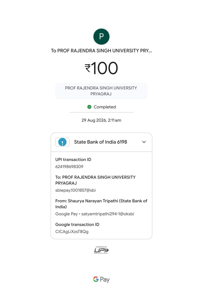 Shaurya_3pathi's tweet photo. 29 Aug 26 को ₹100 UPI payment debit हुई, पर Digital Degree नहीं मिली। दोबारा ₹100 देने पर ही Degree मिली।

SBI: 1106236422, 1107549931
NPCI: UPI26090284224
RBI: N202627011028483

एक service के 2 बार पैसे क्यों? पहला ₹100 refund करें!
@TheOfficialSBI @NPCI_NPCI @RBI #SBI #UPI https://t.co/DK514twHQB