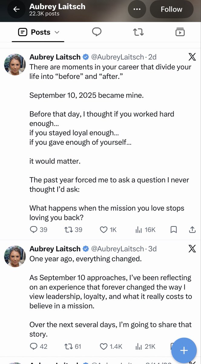 RavenGrace0613's tweet photo. Aubrey’s so funny.  Her career she ended before Charlie was murdered but she’s going to try to stay relevant and like she didn’t do anything.  

Charlie ruined any career she had. Charlie didn’t trust her.  When she lied to him she ended any job at the White House or any other company Charlie had connections with.   Charlie had enough of her and a job recommendation wasn’t coming.  

Thats why she leaked to Candace after he died.  You were fired Aubrey!  We remember those texts Aubrey.  

You’re fired!! (In the best Trump voice ever)

Charlie said her boyfriend was weird.  He is weird. 

No White House job for you Aubrey!!  Maybe Candace will give you a job.
