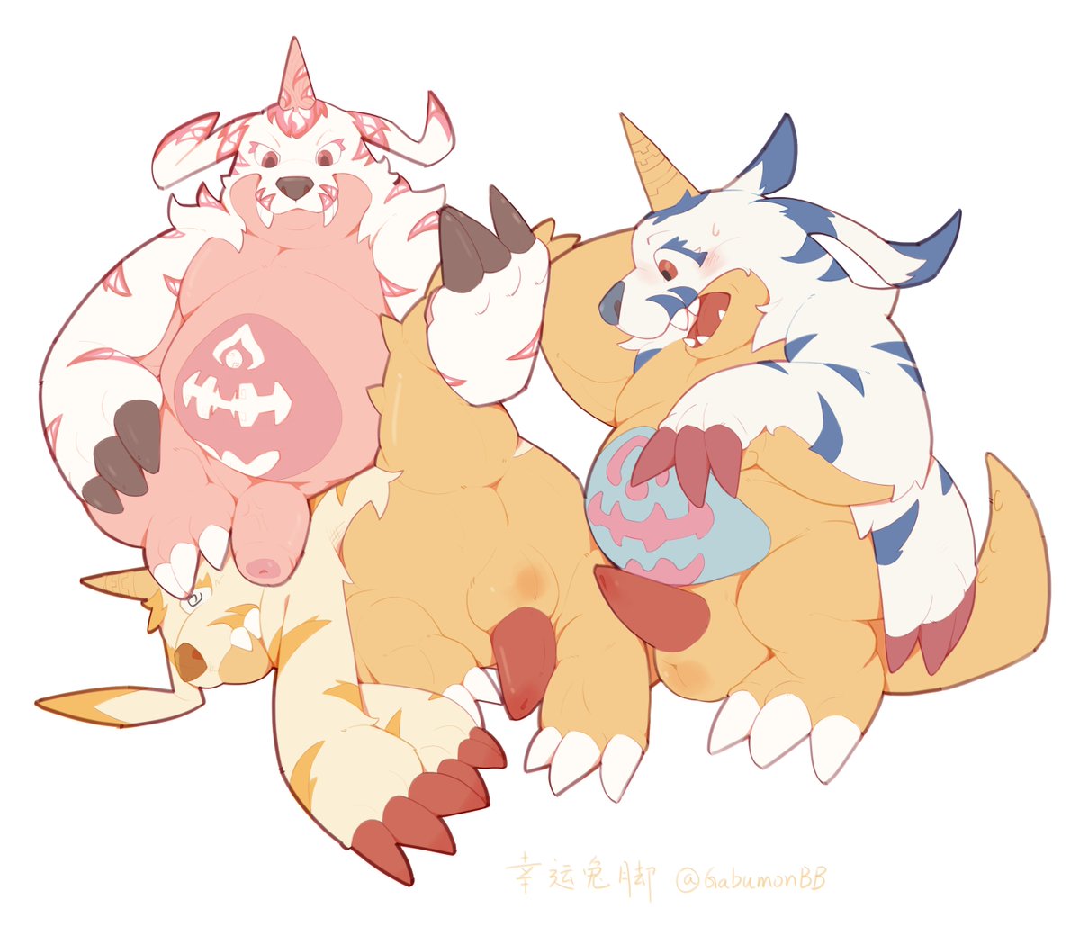 GabumonBB's tweet photo. NSFW warning!
加布兽长大的第一课初体验，他会成功吗？
兔言兔语🐇：朋友（粉色）请我画的，我也就画了，本来我（金色）是在右边的。
First experience: Gabumon’s first lesson growing up. Will he make it? 
Rabbit’s ramblings:  Originally, I (the golden‑colored one) was on the right. https://t.co/4y5mobMjDm