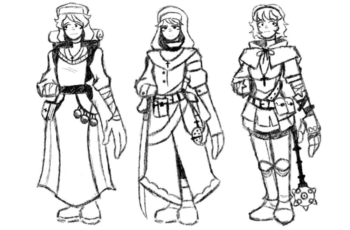 Vasperer's tweet photo. MEET THE BATTLE NUNS 
I’m already really tired of hyper‑sexualized designs, so... here, my three sillies
#dnd #fantasy #sketch #battlenun https://t.co/BBQkqBwkhU