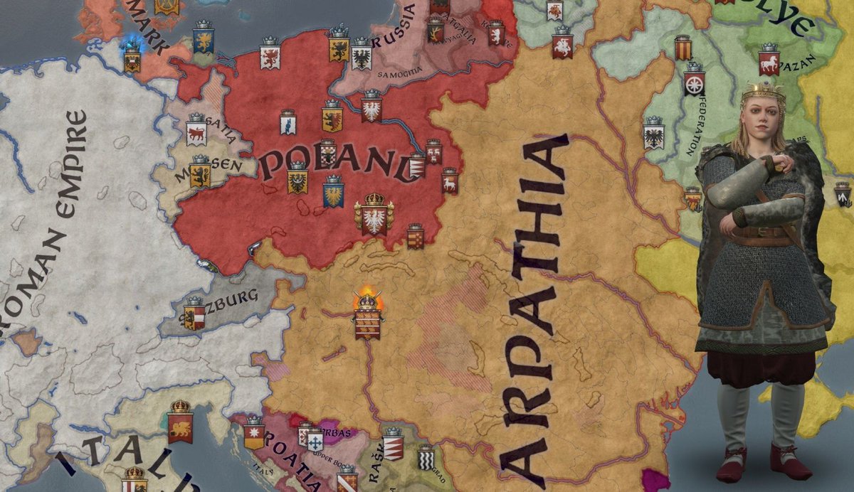 garius's tweet photo. STREAM TIME!

It's happened. The all-conquering Carpathian Empire has finally come for Poland.

She may be outnumbered, but young Queen Helena has no intention of bowing to the terror from the steppes.

Join me for natter, tips, cats and CK3! https://t.co/swRVW8msEE https://t.co/wTYPZg9tN4
