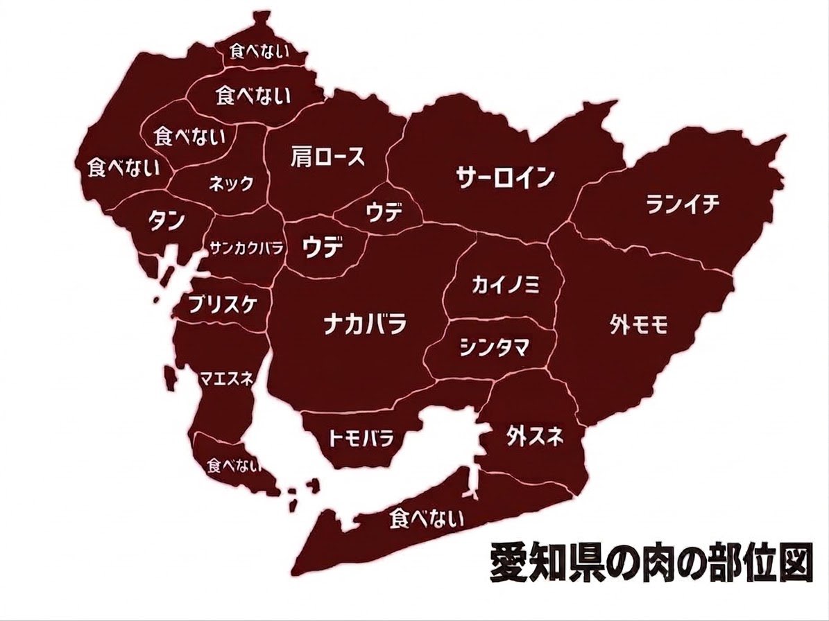 nagoya_kando's tweet photo. 愛知県を肉の部位で分けたらこんな感じ？？

みんなの市はなんの部位？ https://t.co/Zs6JpM3vxx