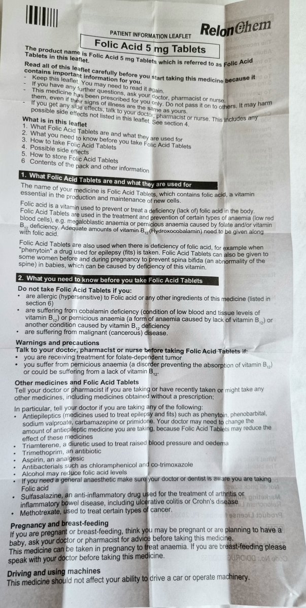 DawnSunrise1's tweet photo. A GP prescribed folic acid tablets for me in 2025. I took them for 2 weeks and had horrendous stomach cramps.  I stopped the tablets and the cramps stopped.  I obviously cannot tolerate folic acid and I won't go back to that GP.
This is the leaflet. Zoom in on warnings etc. https://t.co/NzIY8ZIV2B