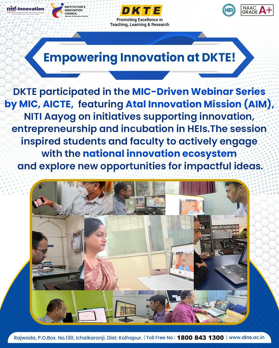 dktestei's tweet photo. Empowering Innovation at DKTE!
DKTE participated in the MIC-Driven Webinar Series by MIC, AICTE, featuring Atal Innovation Mission (AIM), NITI Aayog on initiatives supporting innovation, entrepreneurship and incubation in HEIs
#DKTE #Innovation #MIC #AIM #Entrepreneurship #IIC https://t.co/IXkuUkA8VJ