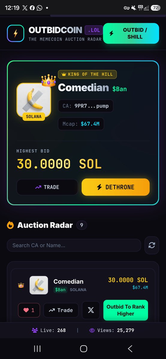 Outbidcoin's tweet photo. (OMG) 30 sol for that? 😭

👑 KING OF THE HILL 

Comedian ($Ban) is on the OUTBIDCOIN radar.

Sitting at #1 with a 30.0000 SOL bid.
Market cap: $67.4M

Think it deserves higher? Outbid it 👇
https://t.co/1oMO4hFtm3

$Ban #Solana #memecoin #OUTBIDCOIN https://t.co/xyH34cG0TK