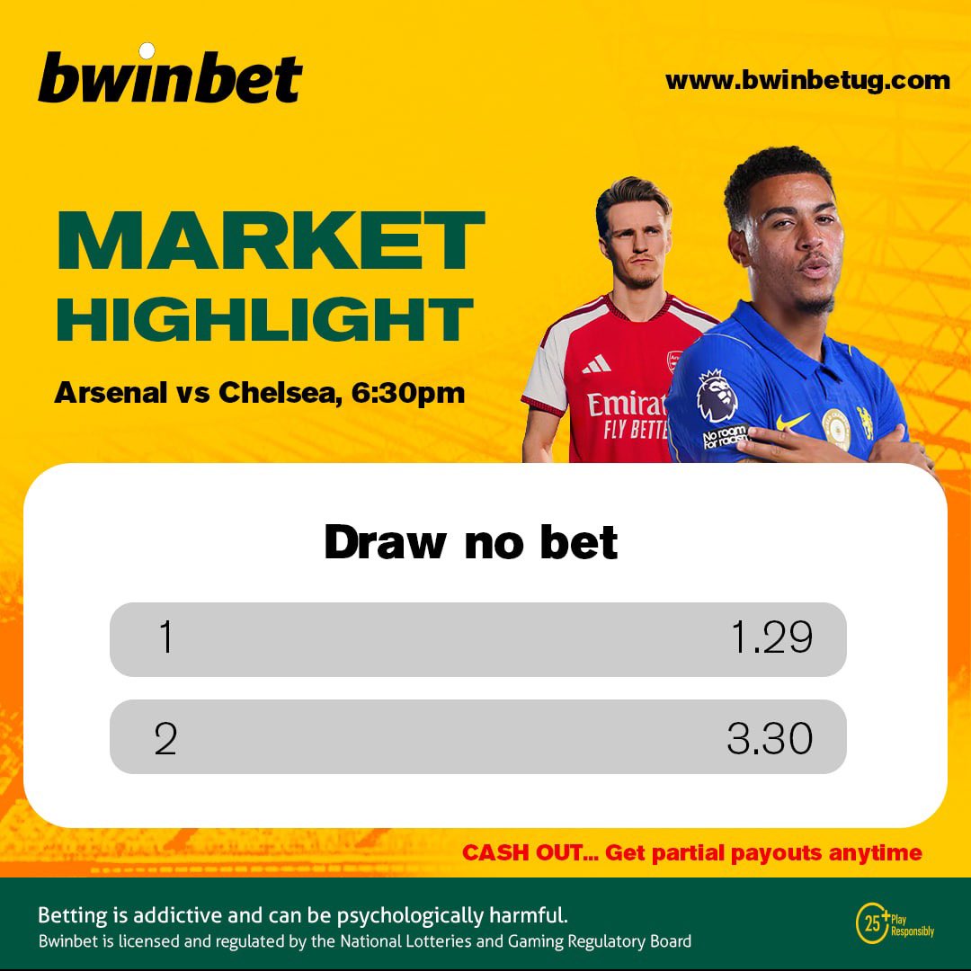 bwinbet_Ug's tweet photo. 🔥 MARKET HIGHLIGHT! ⚽

Arsenal 🆚 Chelsea — 6:30PM
🎯 Draw No Bet: Arsenal 1.29 | Chelsea 3.30

Who are you backing? 👀🔥

🌐 https://t.co/7LVSuuH6f1
#BwinBetUG #Arsenal #Chelsea #MarketHighlight #Football #BetResponsibly https://t.co/yzZrCIpyZr