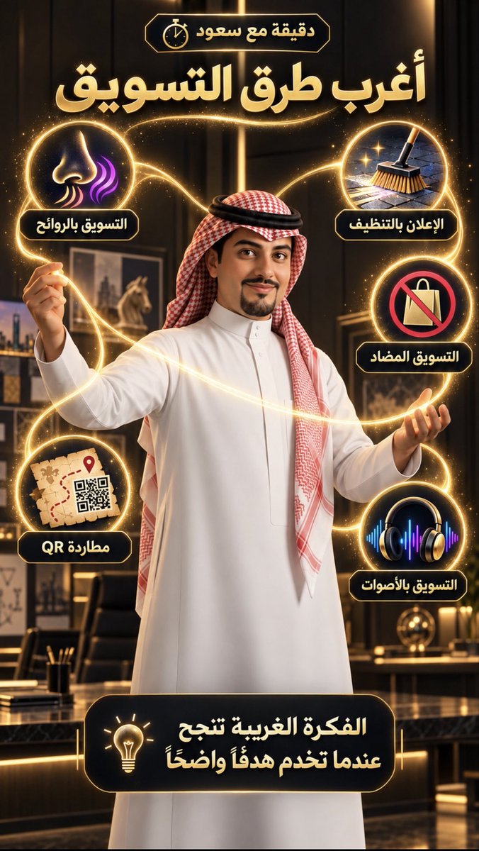 AltwaijriSaud's tweet photo. 🎯 دقيقة مع سعود | أغرب طرق التسويق

👃 التسويق بالروائح
🧽 الإعلان بالتنظيف
🤫 التسويق الغامض
🚫 التسويق المضاد
🔍 مطاردة QR
🎧 التسويق بالأصوات

الغرابة تلفت الانتباه، لكن نجاحها يبدأ عندما تخدم هدفًا واضحًا وتبقى في الذاكرة.

أي طريقة لفتت انتباهك؟

#دقيقة_مع_سعود #التسويق https://t.co/1MiXtzHKlg