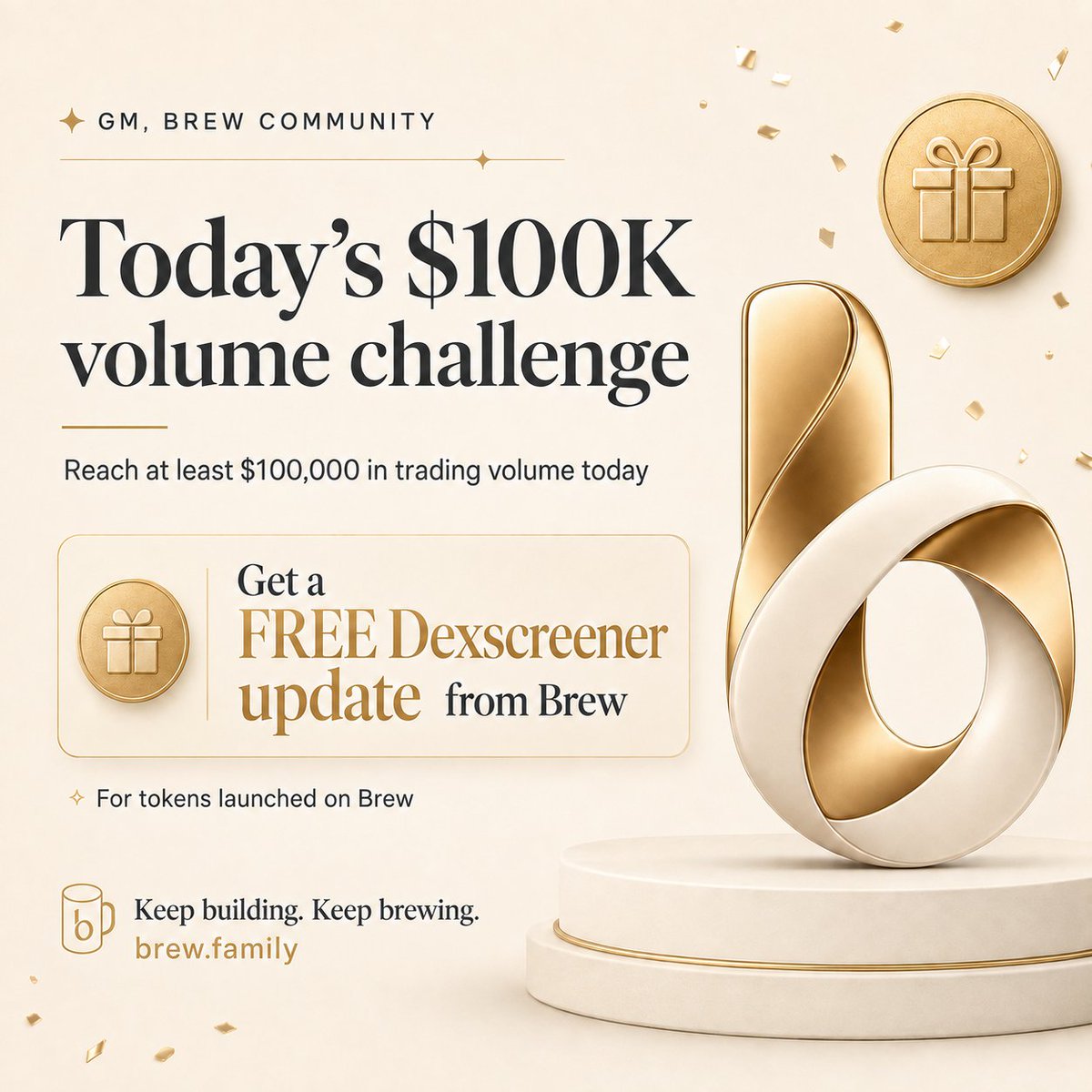 brewdotfamily's tweet photo. GM, Brew community ☕ Let’s have some fun today!

Any token launched on Brew that reaches $100K in trading volume today gets a free Dexscreener update, on us.

Let’s see what your community can brew.

Keep building. Keep brewing. https://t.co/KaE3jXuSah