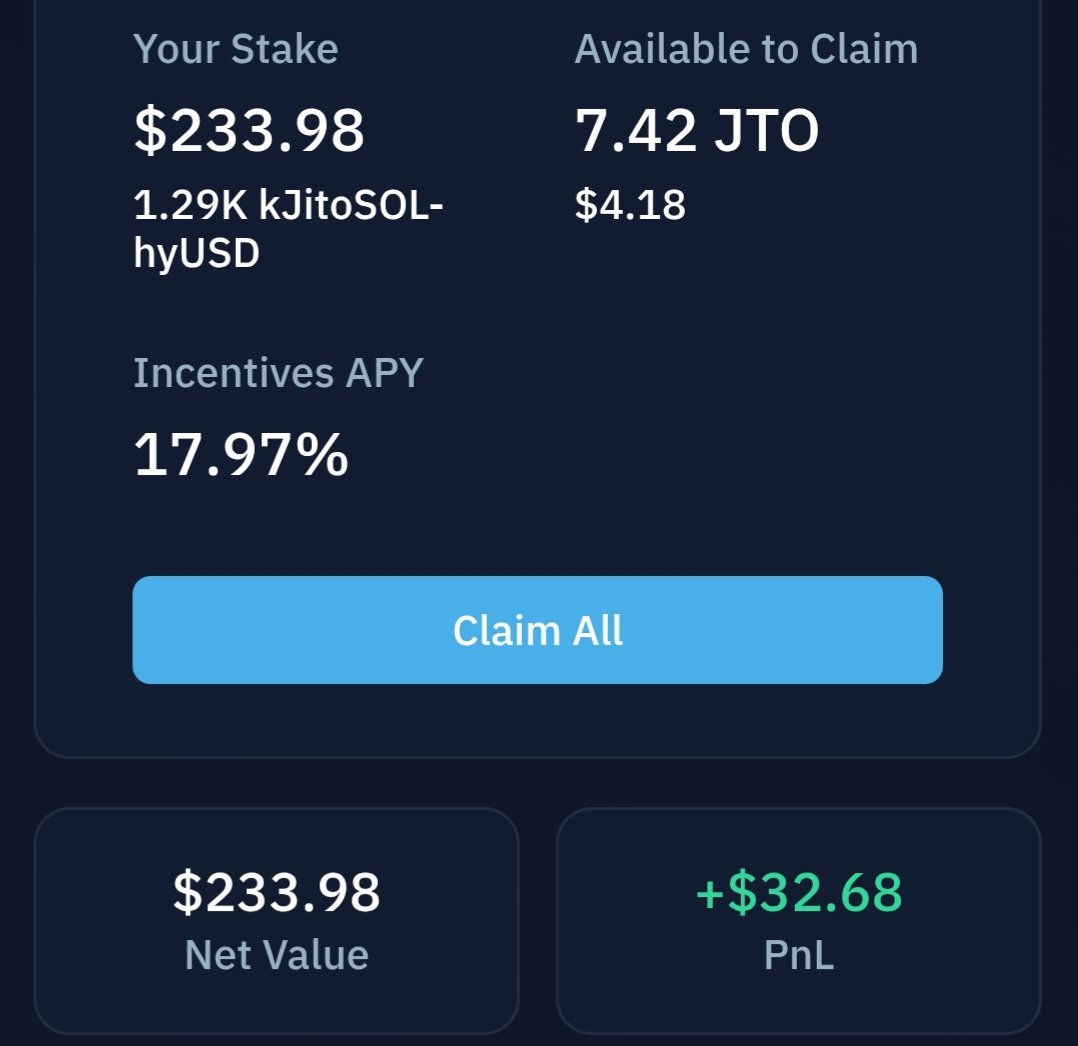 tefan2rich's tweet photo. Probably one of the smoothest ways to rack up XP on @hylo_so 

Depositing into the hyUSD-JitoSol vault on @kamino exposes your tokens to multiple passive yield streams

>JitoSol staking rewards
> $JTO incentives
>+ you gain XP on Hylo⚡️

It's a good day to be on @solana 
GM https://t.co/drF1ci3h1A