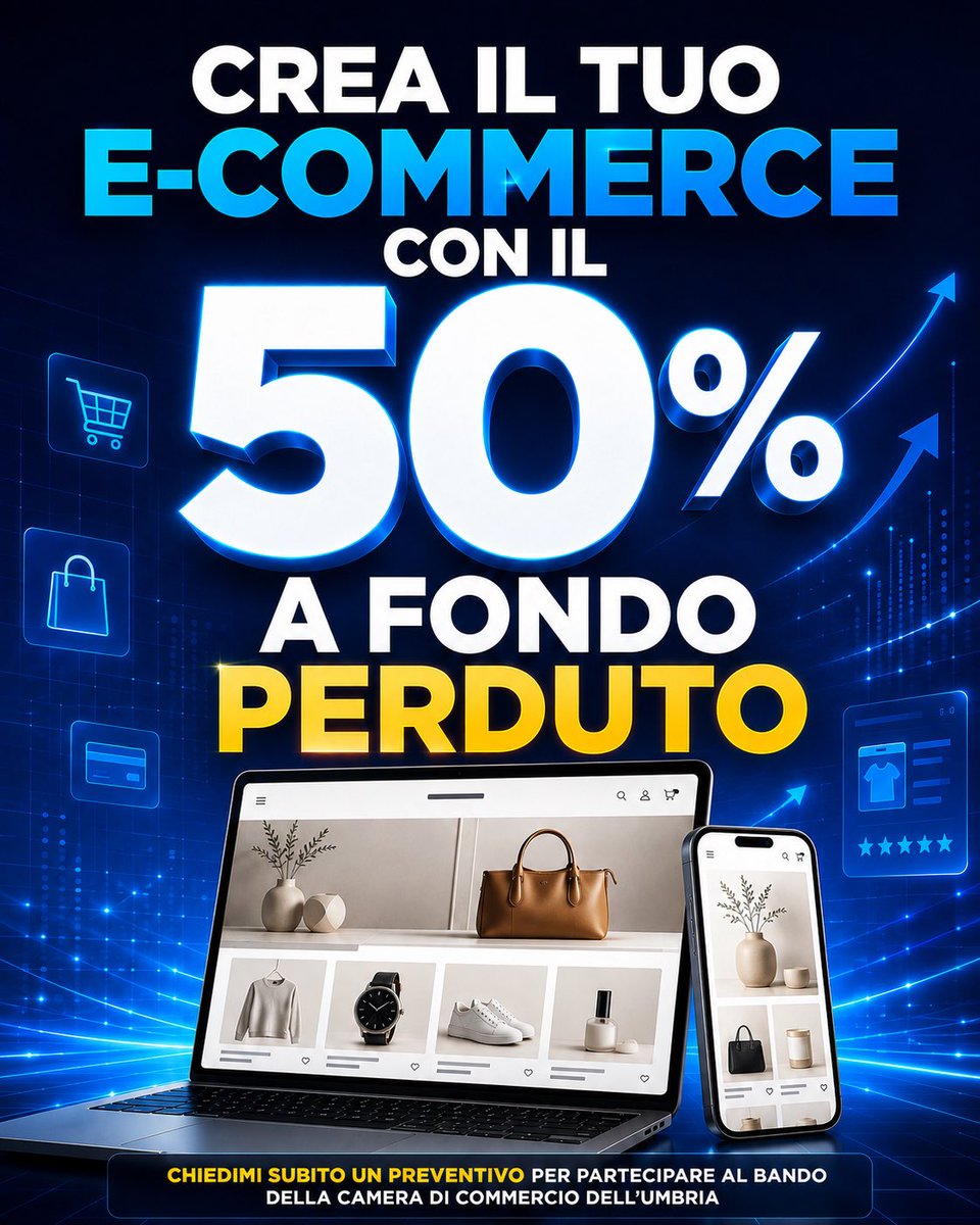 MikeItaly's tweet photo. 🚀 È IL MOMENTO GIUSTO PER INVESTIRE NEL TUO E-COMMERCE!

Con il Bando Doppia Transizione 2026 della Camera di Commercio dell’#Umbria puoi ottenere un contributo a fondo perduto del 50%, fino a 7.250 €, per realizzare o potenziare il tuo e-commerce.

Scrivimi per un preventivo. https://t.co/nECN0OVA4C