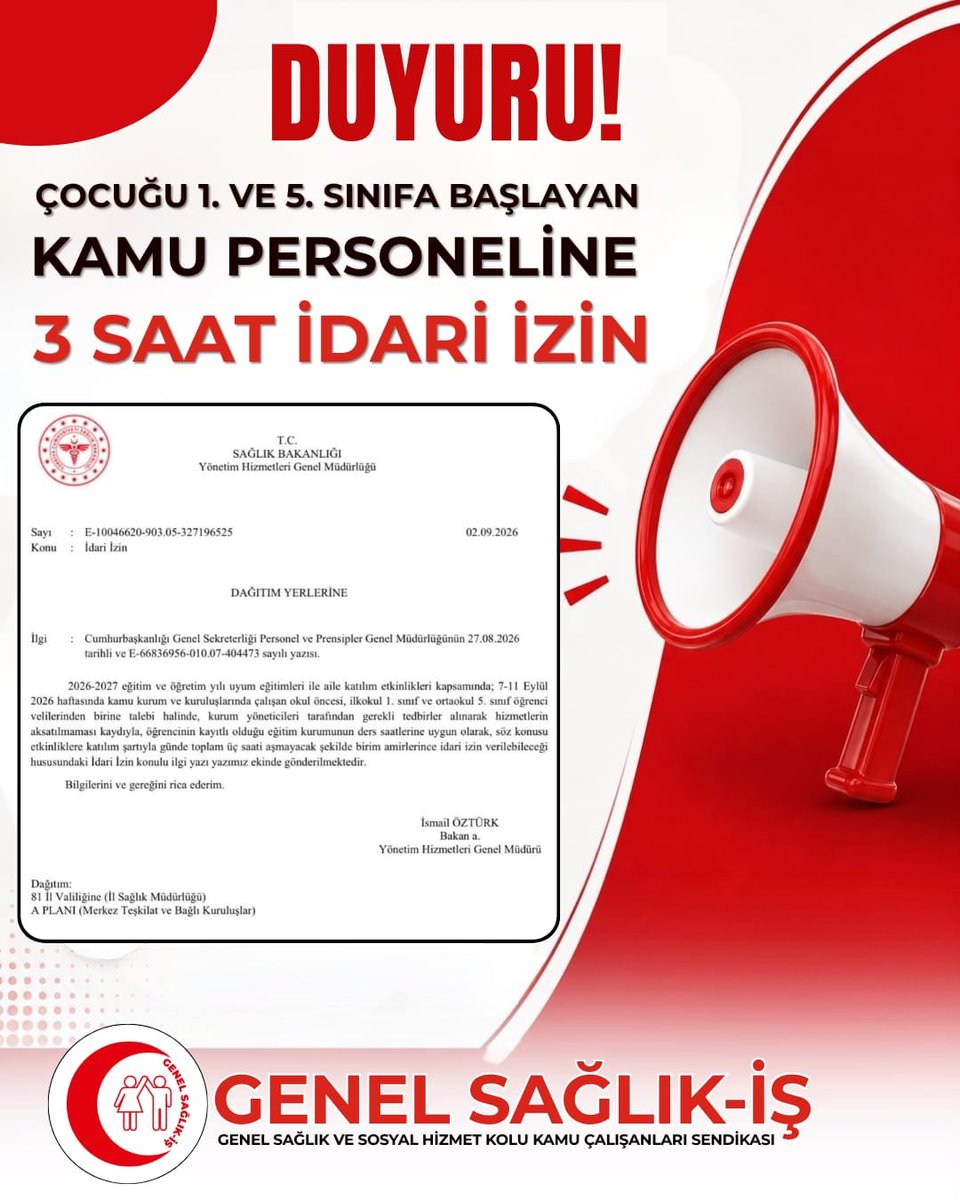genelsaglikis's tweet photo. Çocuğu Anaokulu, 1. ve 5. sınıfa başlayan kamu personeline 3 saat idari izin 

Dilekçe örneğine web sitemizden ulaşabilirsiniz ⤵️⤵️
https://t.co/wuCttUqxFw

https://t.co/ziGLk1UPDk
📍 Kızılay Mahallesi, Fevzi Çakmak 1 Sokak, 24/24 Çankaya/Ankara
📞0312 230 66 64
📞0552 871 01 92

#SağlıkBakanlığı