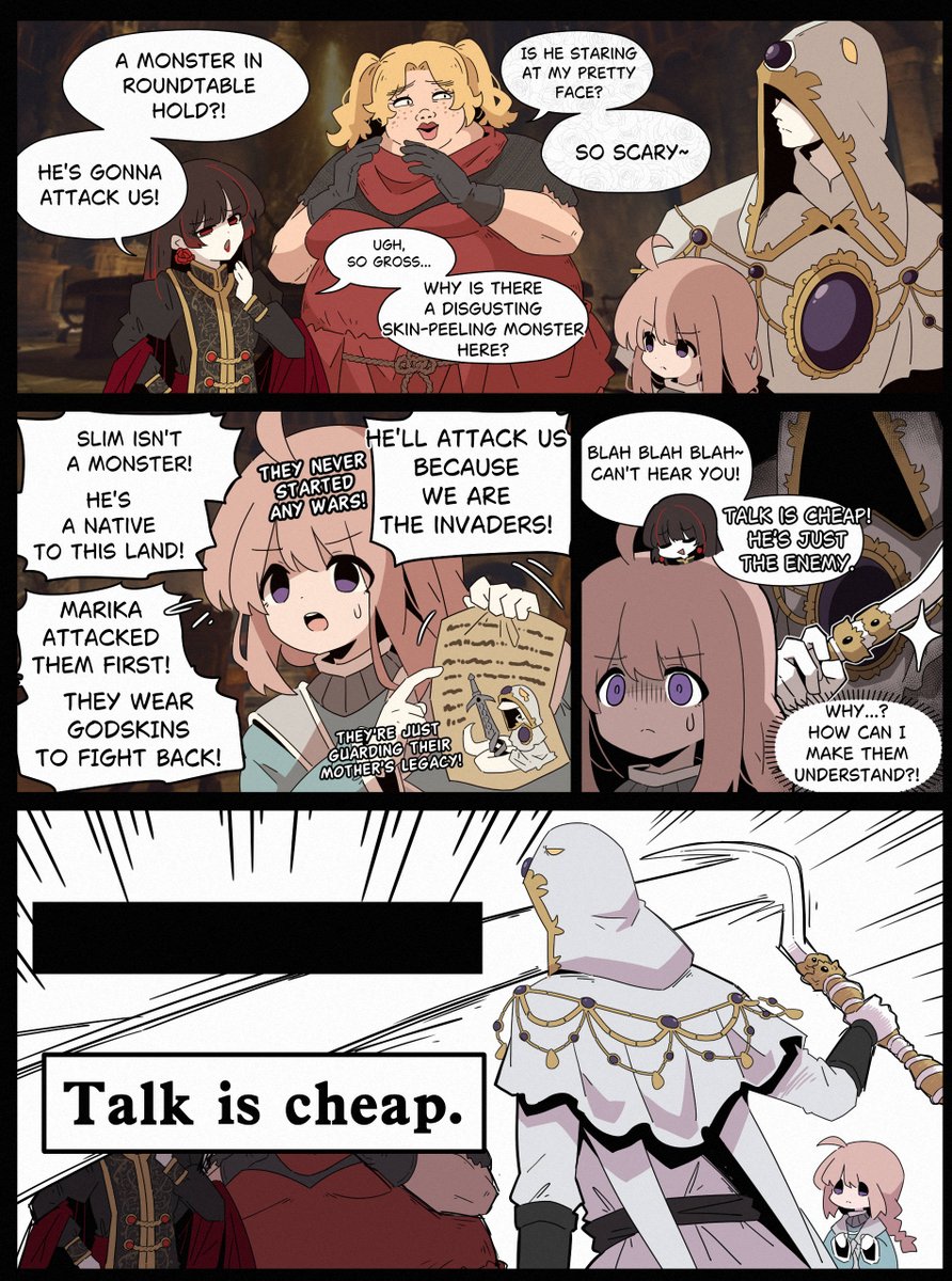Kudoliya_art's tweet photo. #EldenRingFanart #tarnishedoc #slimirok
Mirok: "Godskins are awesome! Loyal, smart, ancient, and cute sneks! If I keep trying, they'll understand!" 🥺📄
Azrael: 🗡️ (Stop trying to reason with heretics.) https://t.co/LjKor5veAn