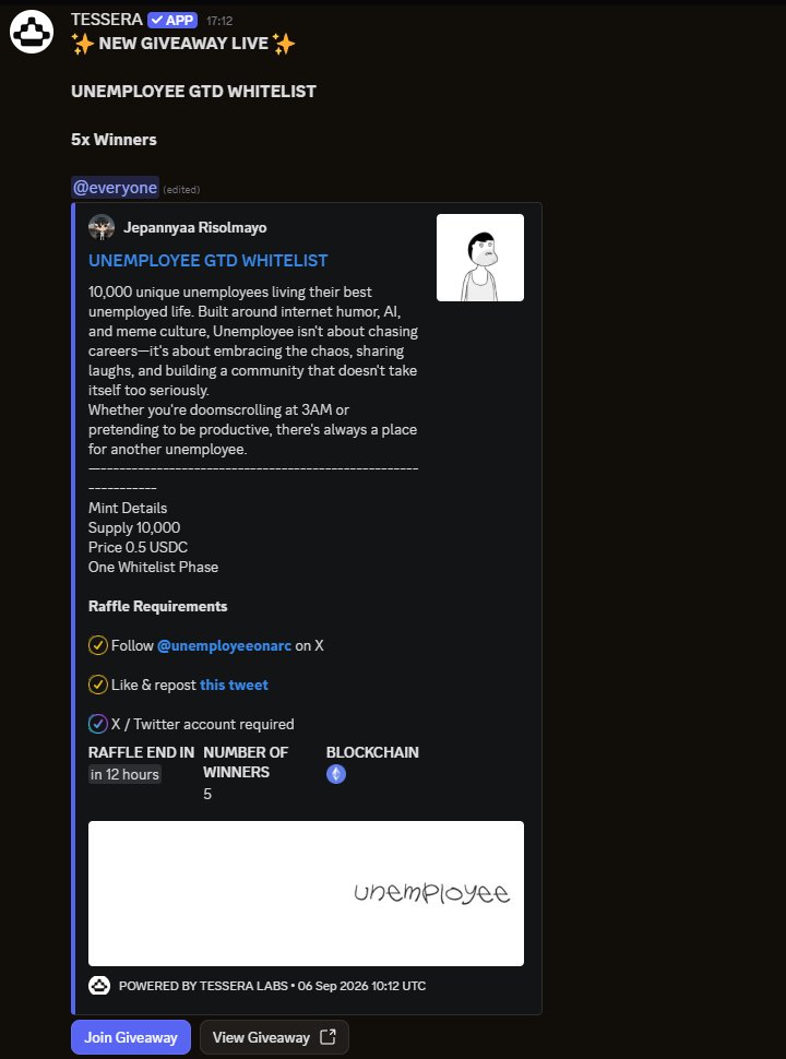 bananismm's tweet photo. 5 GTD spots for @unemployeeonarc 10,000 unique unemployees living their best unemployed life

Mint Details
Supply : 10.000
Price     : 0.5 USDC

if you're an unemployee, you know what to do.
goodluck! https://t.co/dkSh9cUb4W