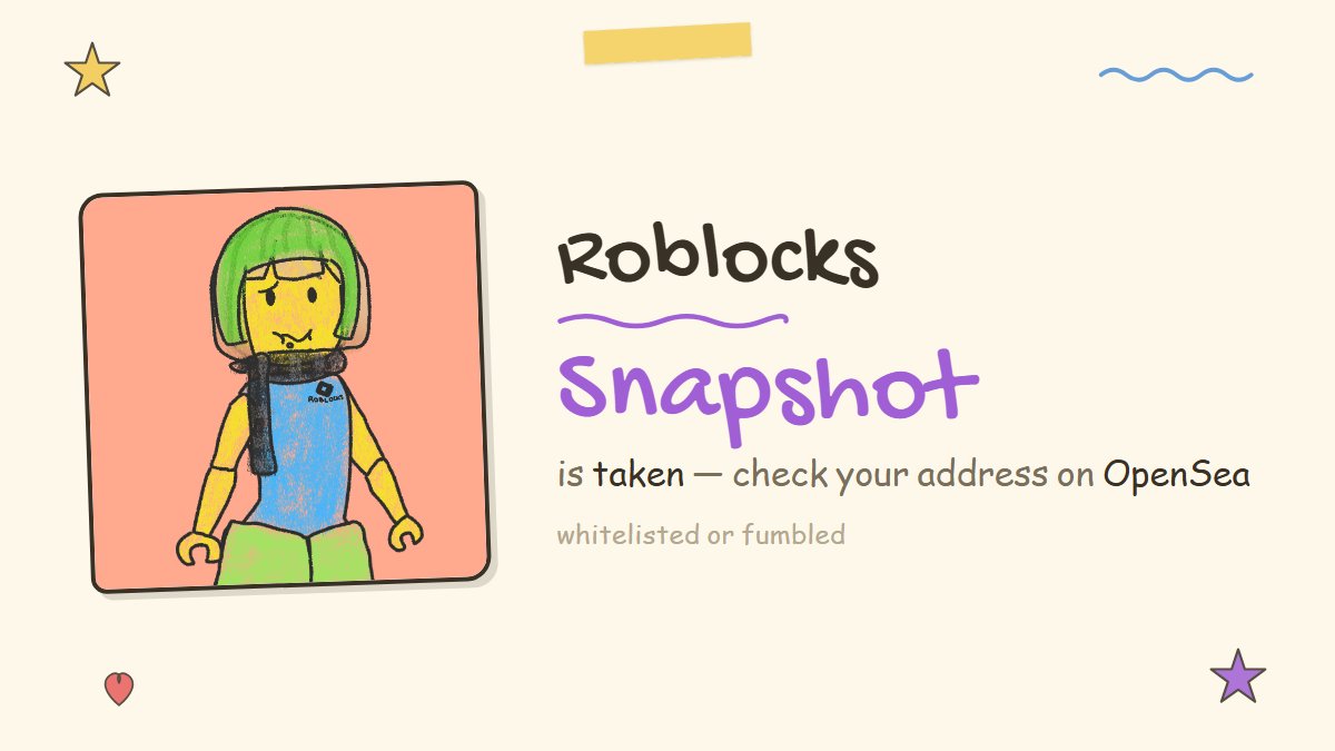 roblocksdotshop's tweet photo. Final snapshot is taken.
    
Check your address on OpenSea to see if you're whitelisted or fumbled.
 
https://t.co/JsGWG6O5Rg https://t.co/7EE29zKjxM