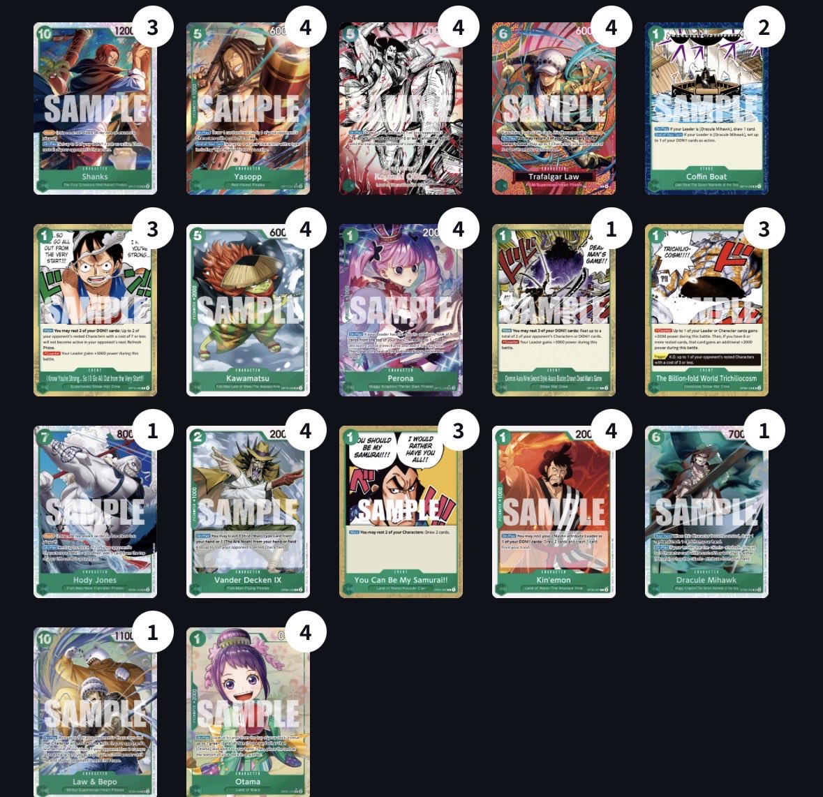 dicky_hk_optcg's tweet photo. Just want to share my decklist and result this two day. Op17, topic: win dice. https://t.co/PkPRXkuRlc