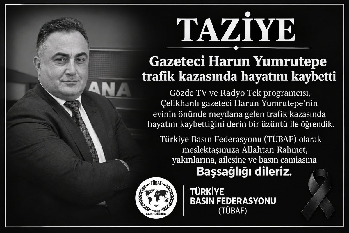 tbfederasyonu's tweet photo. TAZİYE
Gözde TV ve Radyo Tek programcısı, Çelikhanlı gazeteci Harun Yumrutepe'nin evinin önünde meydana gelen trafik kazasında hayatını kaybettiğini derin bir üzüntü ile öğrendik.
Türkiye Basın Federasyonu (TÜBAF) olarak meslektaşımıza Allahtan Rahmet, yakınlarına, ailesine ve basın camiasına Başsağlığı dileriz. @gozdetvcomtr
@snnburhan