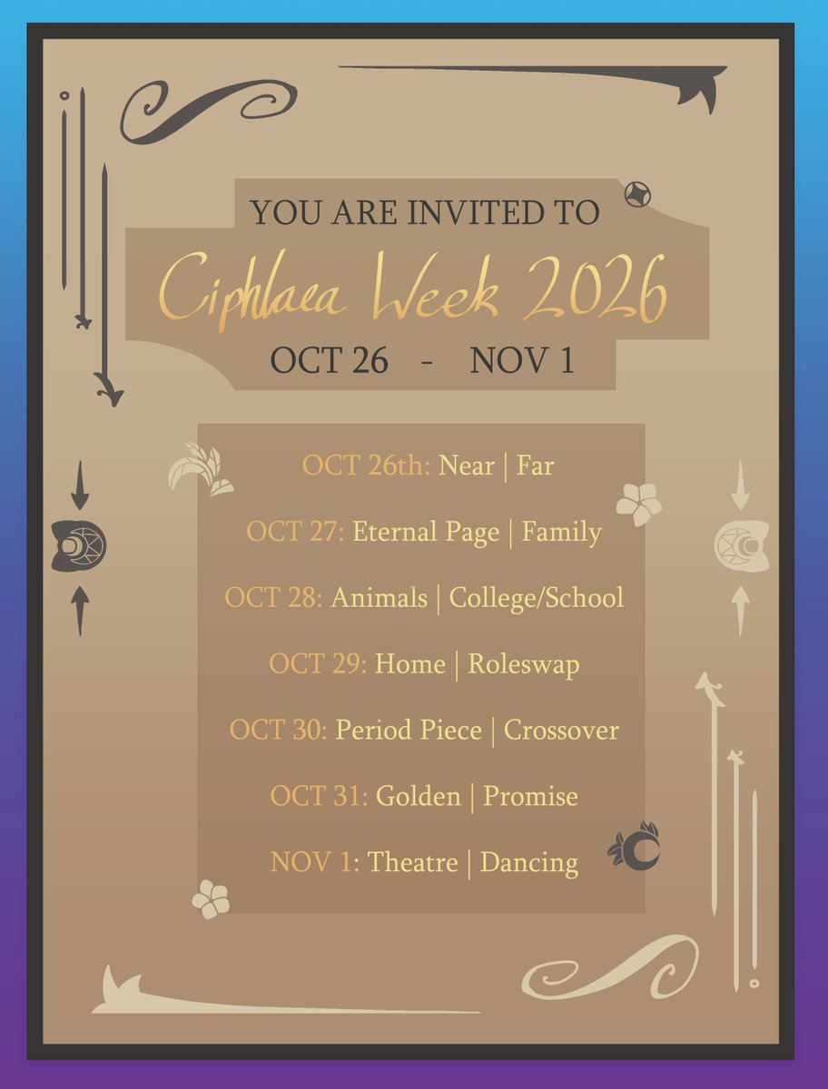CphlWeek's tweet photo. Iron your fine fabrics and count your coins; the #ciphlaeaweek2026 prompts have invited you in!
From OCT 26th to NOV 1st, let's show our girls another good showing. Fanfiction, art, edits, whatever you bring to the table we are happy to have you. General #ciphlaea info in thread https://t.co/LFrdMC3fB6