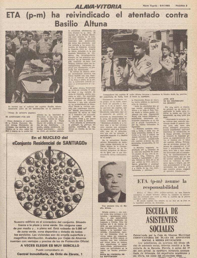 vctorst2's tweet photo. Un día como hoy de 1980 #ETA asesinó en #Erenchun (#Álava) al capitán @policia BASILIO ALTUNA FERNÁNDEZ DE ARROYABE.

Asesinado en las fiestas del pueblo, mientras presenciaba un baile.

Le dispararon un tiro que le atravesó la cabeza y le provocó la muerte en el acto.

#MEMORIA https://t.co/1BfoDZWI4M