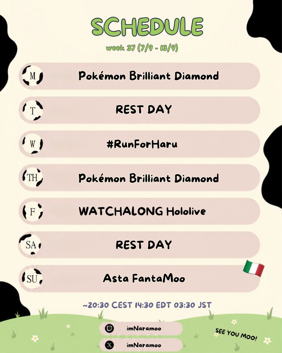 imNaramoo's tweet photo. another week, another schedule! A blind run for my first 3D Pokemon game, another Holo moment, a comeback for Italian stream but also A BIG EVENT (more info in the next days)
Can't wait can't wait can't wait! 🐄🛸✨
#naramoovt #streamer #gamingcommunity #vtuberen #RunForHaru https://t.co/n4FXtsXDFL