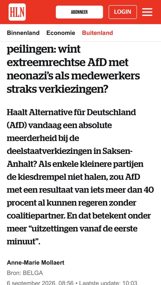 VincentVandep8's tweet photo. De media en politiekers kunnen framen en demoniseren wat ze willen.

Ze kunnen de AfD “extreemrechts” noemen en er elke mogelijke historische associatie bij sleuren die ze willen - zelfs met de steun van hun eigen ambtenarij, enz. 

Je kan straks ook haar kiezers verdacht maken en als idioten wegzetten. 

Maar je kan niet wegframen dat in Saksen-Anhalt inmiddels dik meer dan 4 op de 10 kiezers zeggen: “Wij willen dit beleid niet meer!”

42 à 43%.

Dát zou in een democratie de essentie van het verhaal moeten zijn.

Niet: “Wat is er mis met al die kiezers?”

Maar: “Wat hebben wij in godsnaam gedaan dat bijna de helft van de kiezers ons beleid zo radicaal afwijst?”

Dus ja, je kan de kiezer demoniseren en de door hen verkozen partij als de baarlijke duivel wegzetten.

Maar je zou er natuurlijk ook eens naar kunnen luisteren en daar lessen uit trekken. Want het ziet er niet naar uit dat het hier gaat bij blijven…
